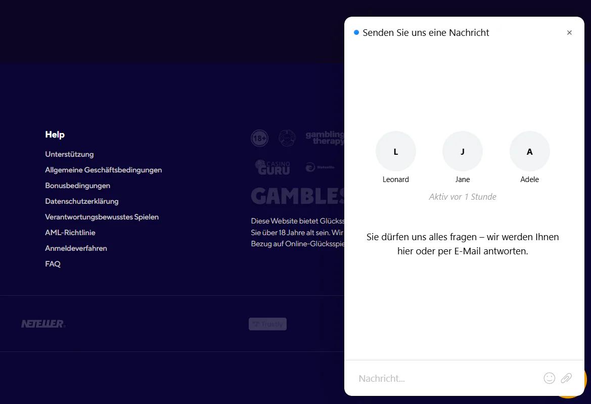 Dazardbet Casino Kundensupport mit Live-Chat, deutschsprachigem Kontaktformular und Hilfe rund um die Uhr