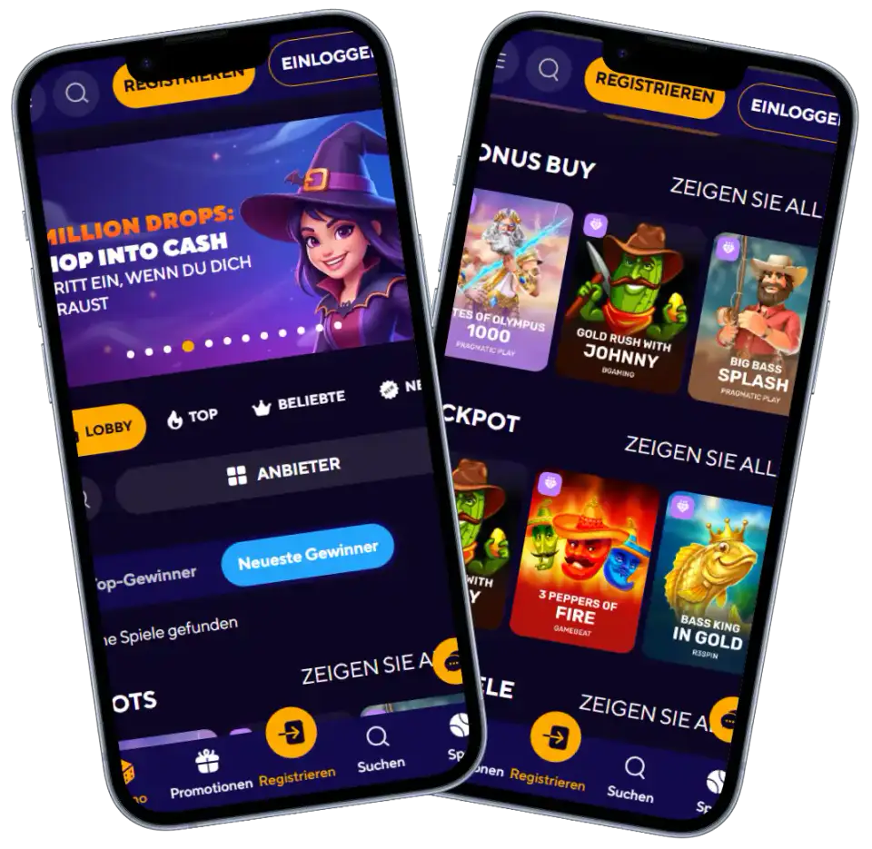Dazardbet Casino mobile Ansicht mit Startseite, Spielautomaten, Bonus Buy und Jackpot-Spielen auf zwei Smartphones