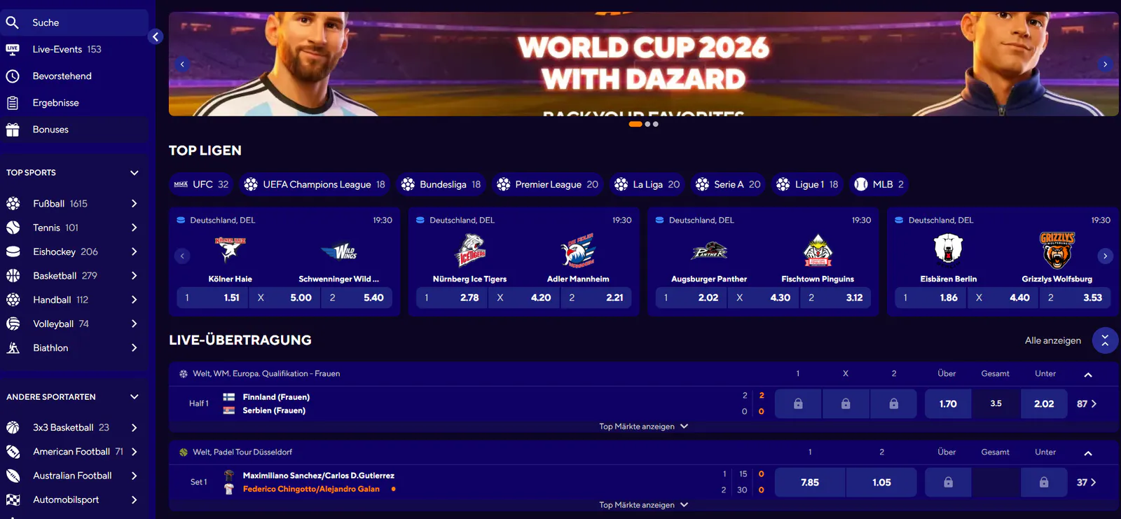 Dazardbet Casino Sportwetten mit Bundesliga, Champions League, Live-Übertragungen und aktuellen Wettquoten