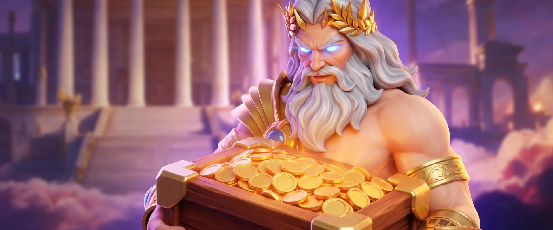 Gezeichneter Zeus mit einer Truhe voller Goldmünzen